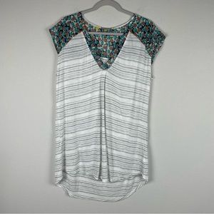 Anthropologie Little Yellow Button Striped Floral Short Sleeve Top Size XL